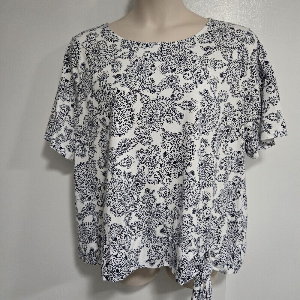 Talbots Plus‎ Size 3X White Navy Blue 100% Cotton Paisley Print Knotted Hemline